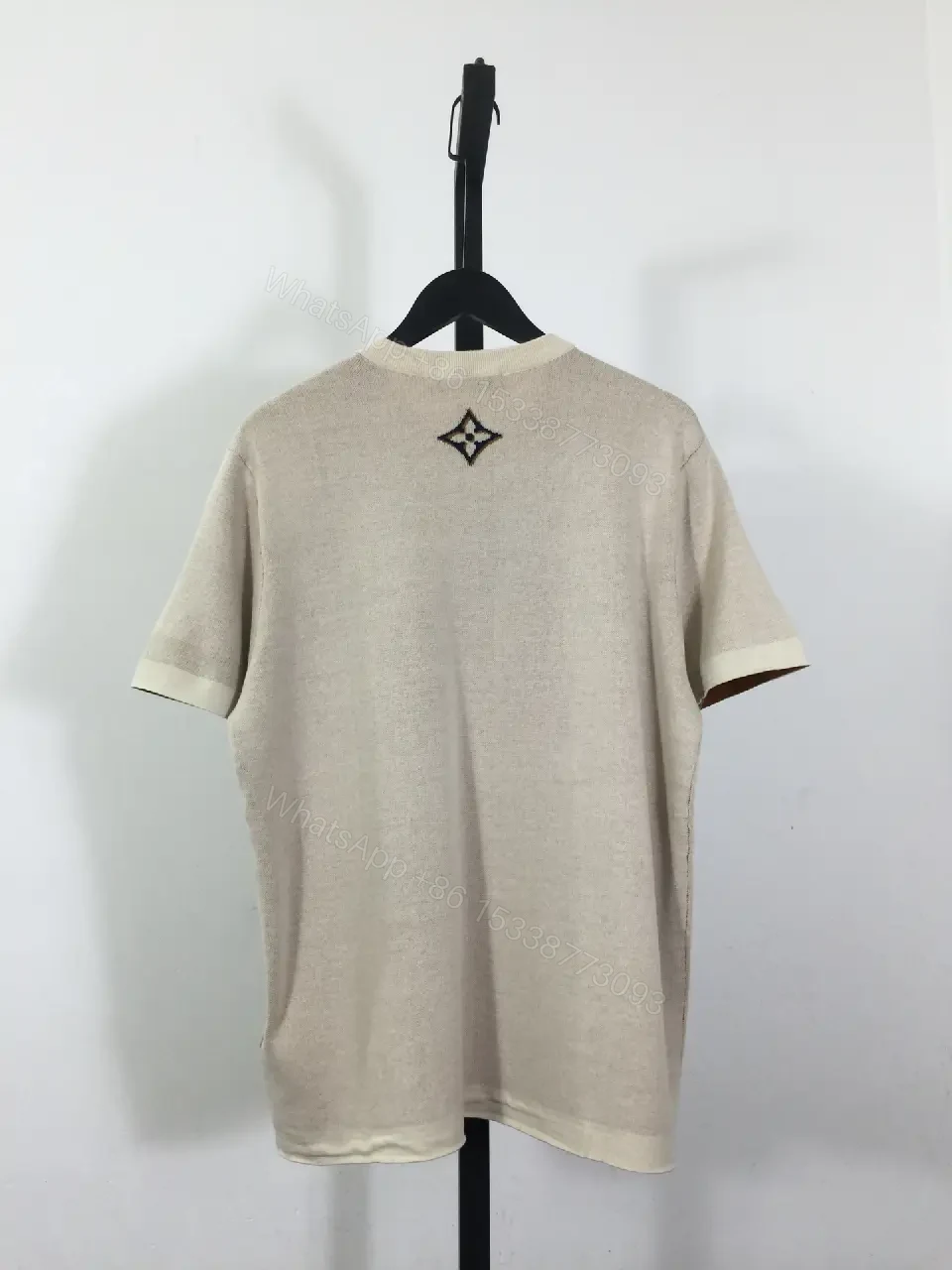 View 7 of Beige cotton T-shirt with monogram print, luxury designer-inspired tee for everyday luxury