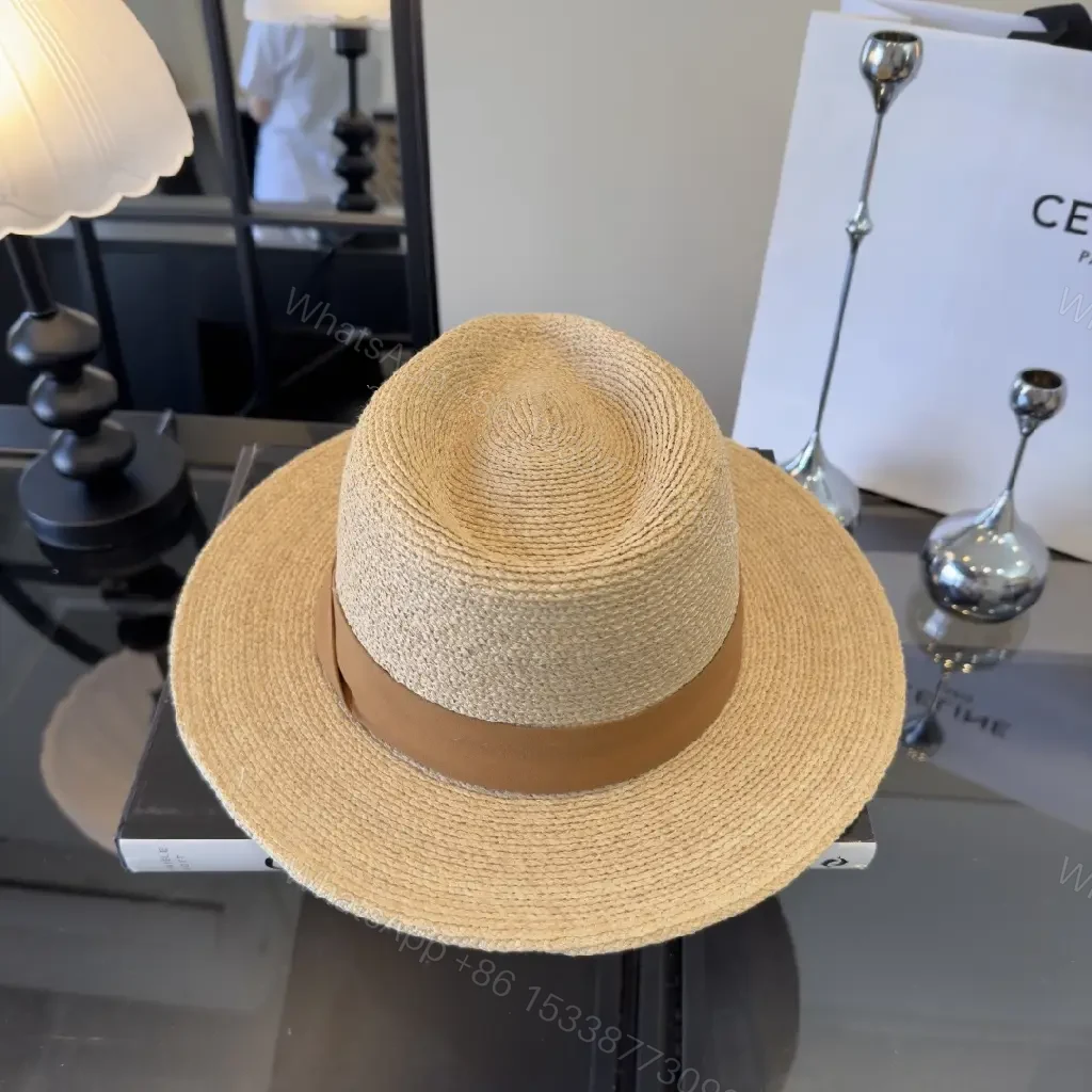 View 4 of Light Beige Straw Fedora-Boater Hat with Ribbon CHANEL Logo