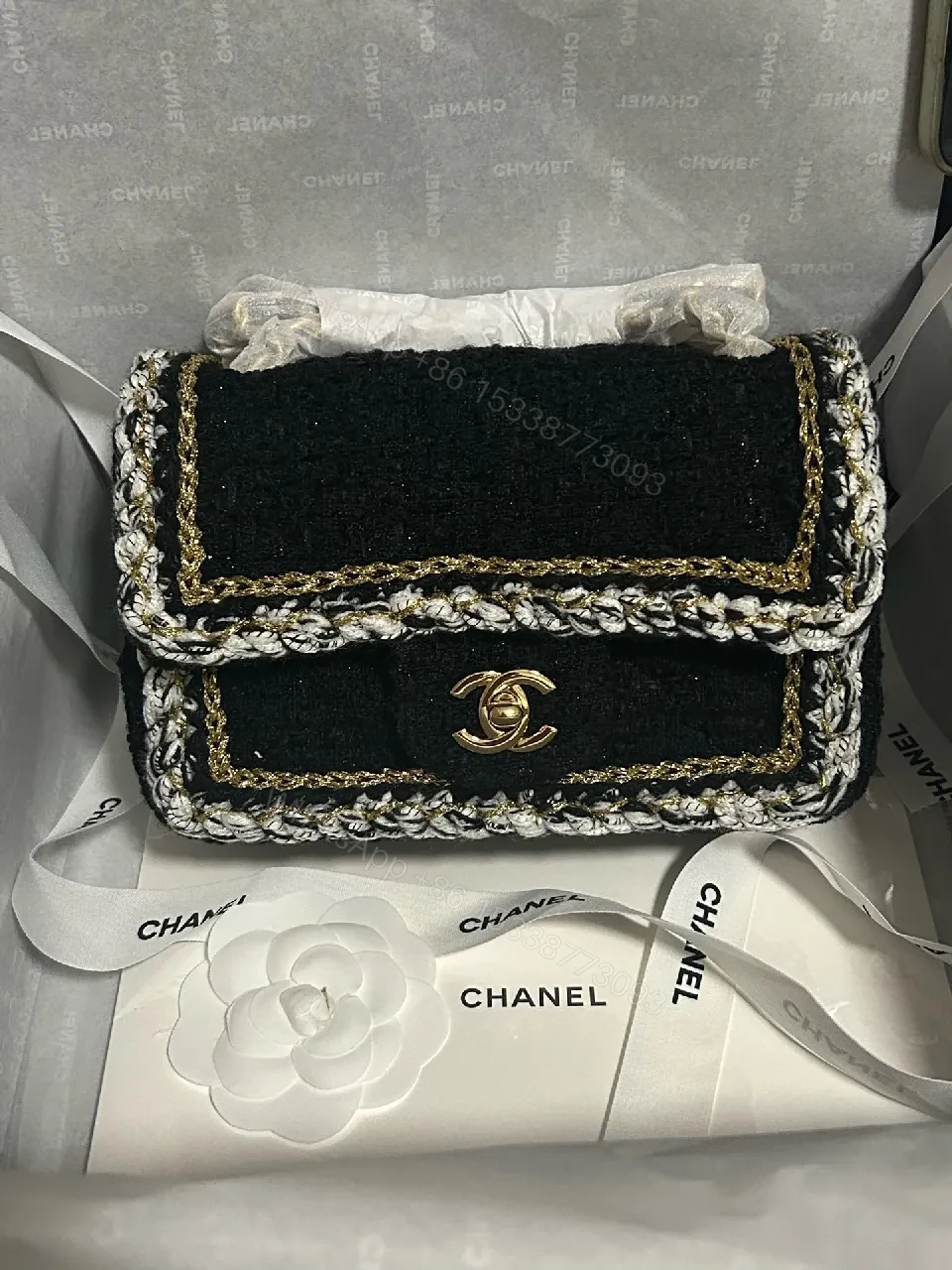 Velvet Flap Bag with Gold-Edge Chain Detailing — view 1