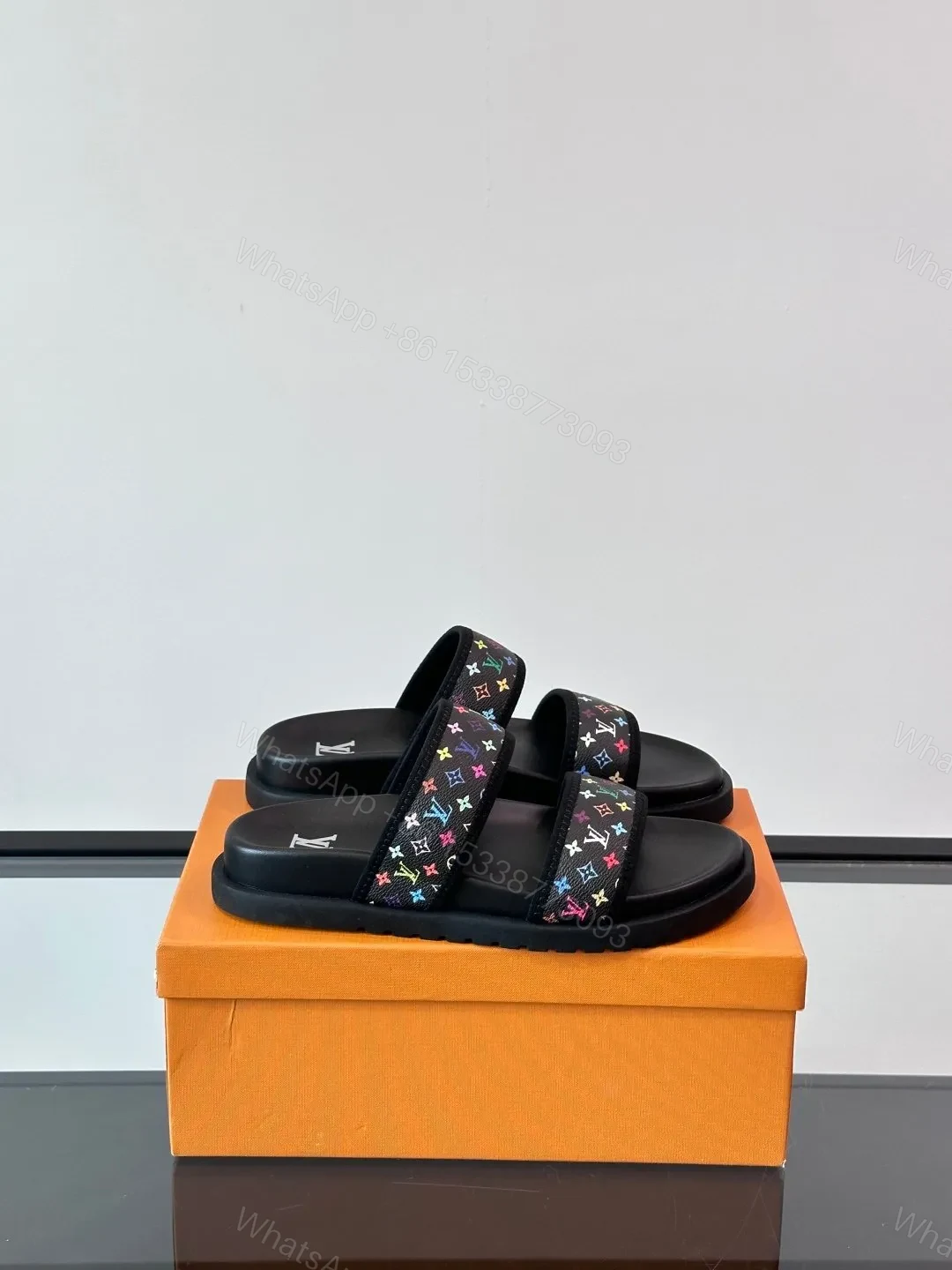 LV Men Black Canvas Double Strap Slides — view 1