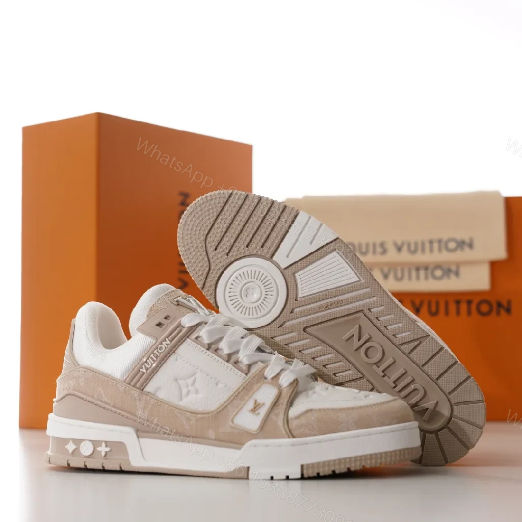 Neutral-Tone Suede Leather Sneakers with Subtle LV-Inspired Detailing — view 1