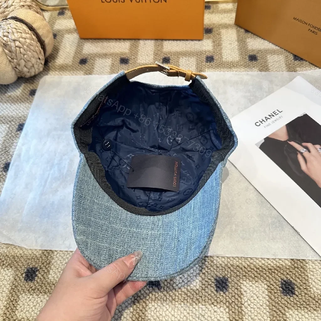 View 4 of Denim-Textured Cap with Subtle Luxury Emblem
