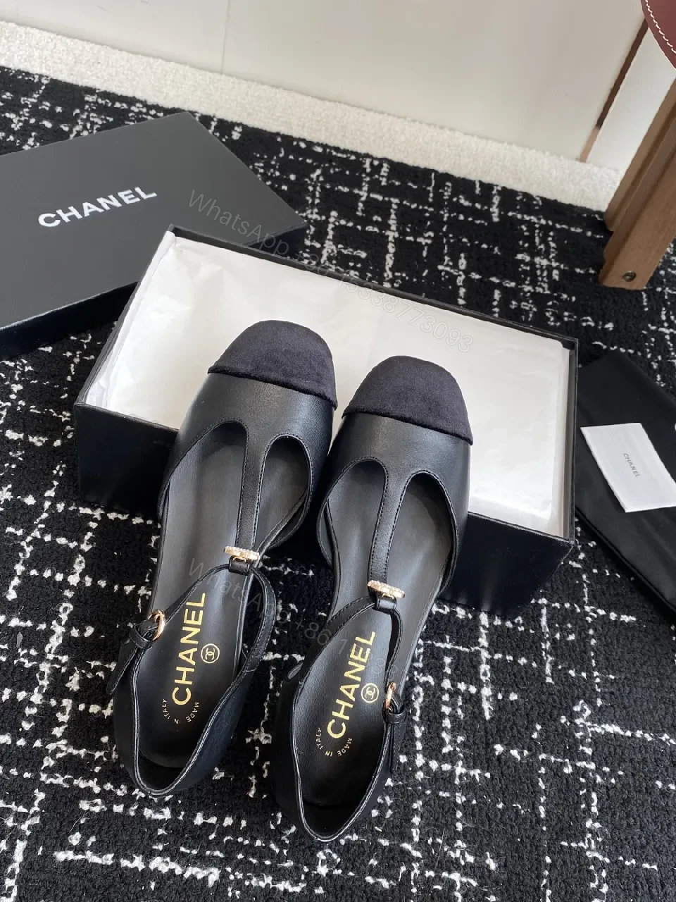 View 7 of Black Satin & Suede Slingback Heels with Gold Hardware