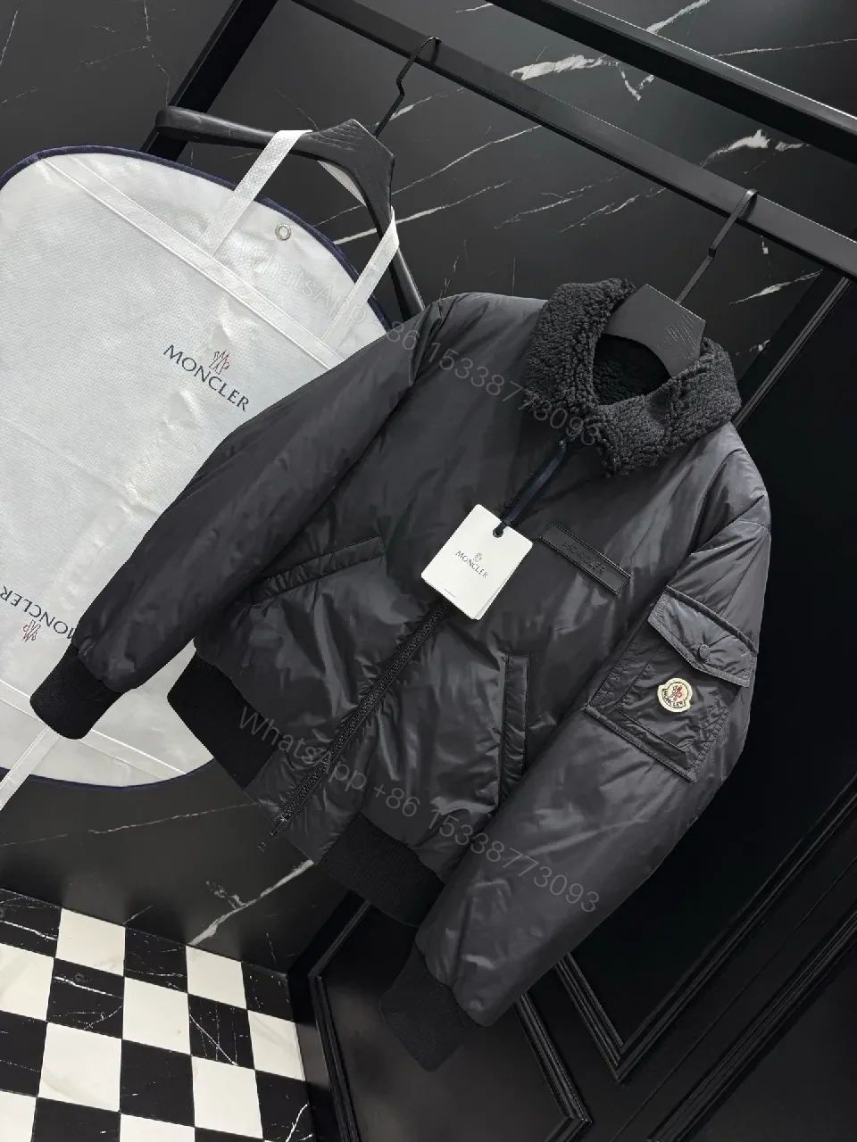 View 3 of Dark Nylon Bomber: Plush Sherpa Collar Jacket with Quilted Shell