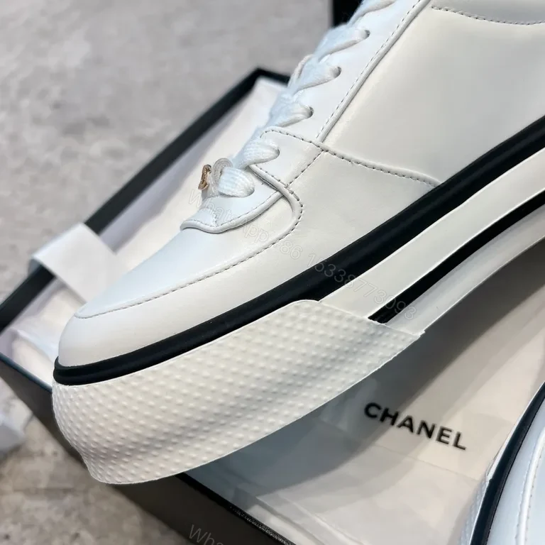 View 3 of Chanel-Inspired White Leather Sneakers with Hardware