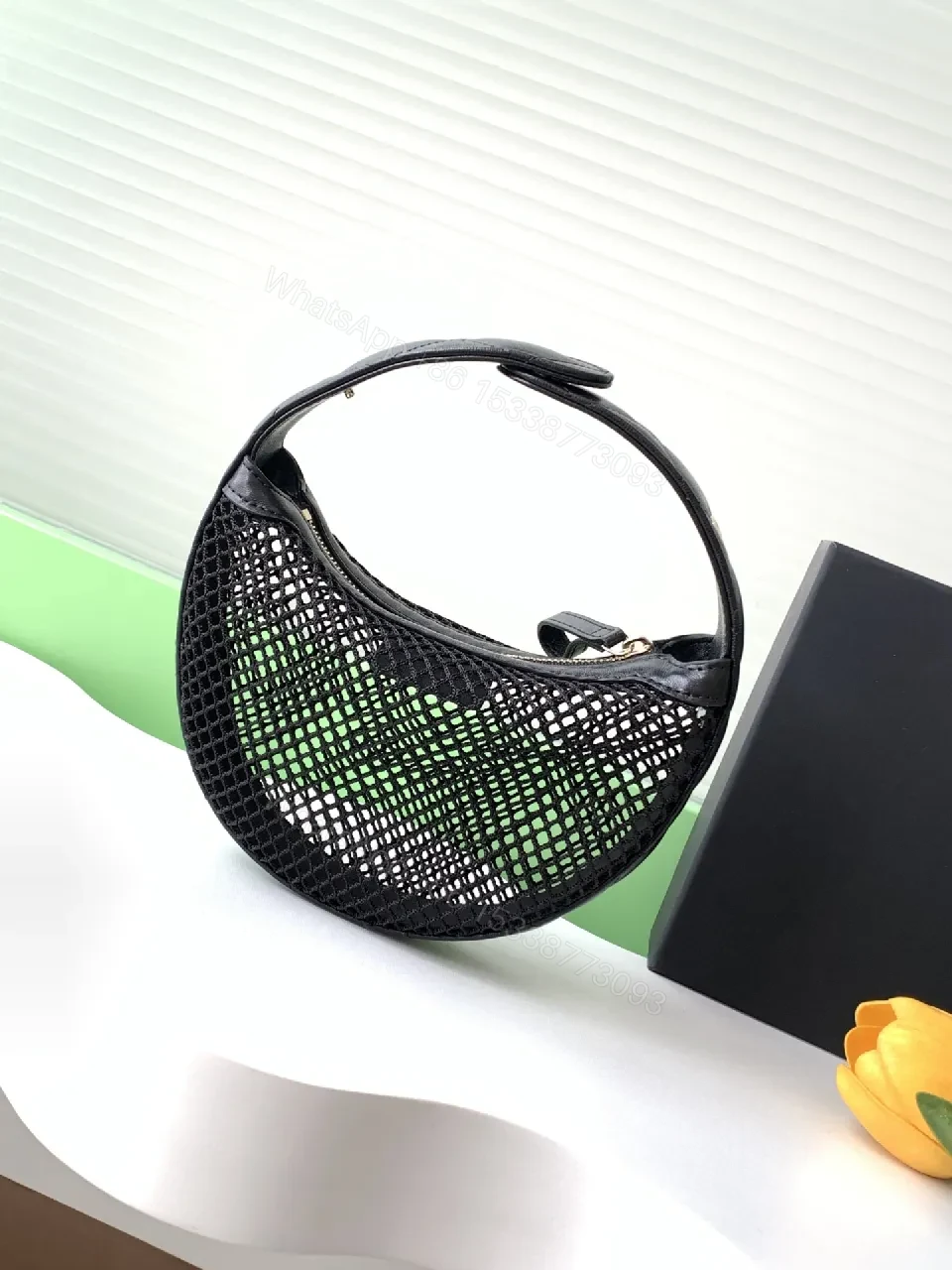 View 3 of Compact Mesh Satchel — Leather Trim, Gold Emblem, Everyday Luxe