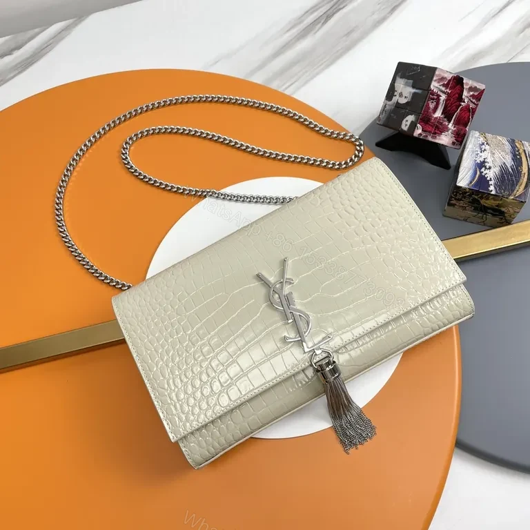 Crocodile-Texture Flap Bag: Cream + YSL Tassel Flair — view 1