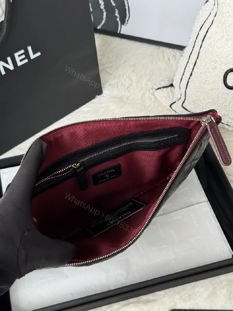 View 8 of Quilted Black Leather Wallet with Red Zip - Minimalist Luxe