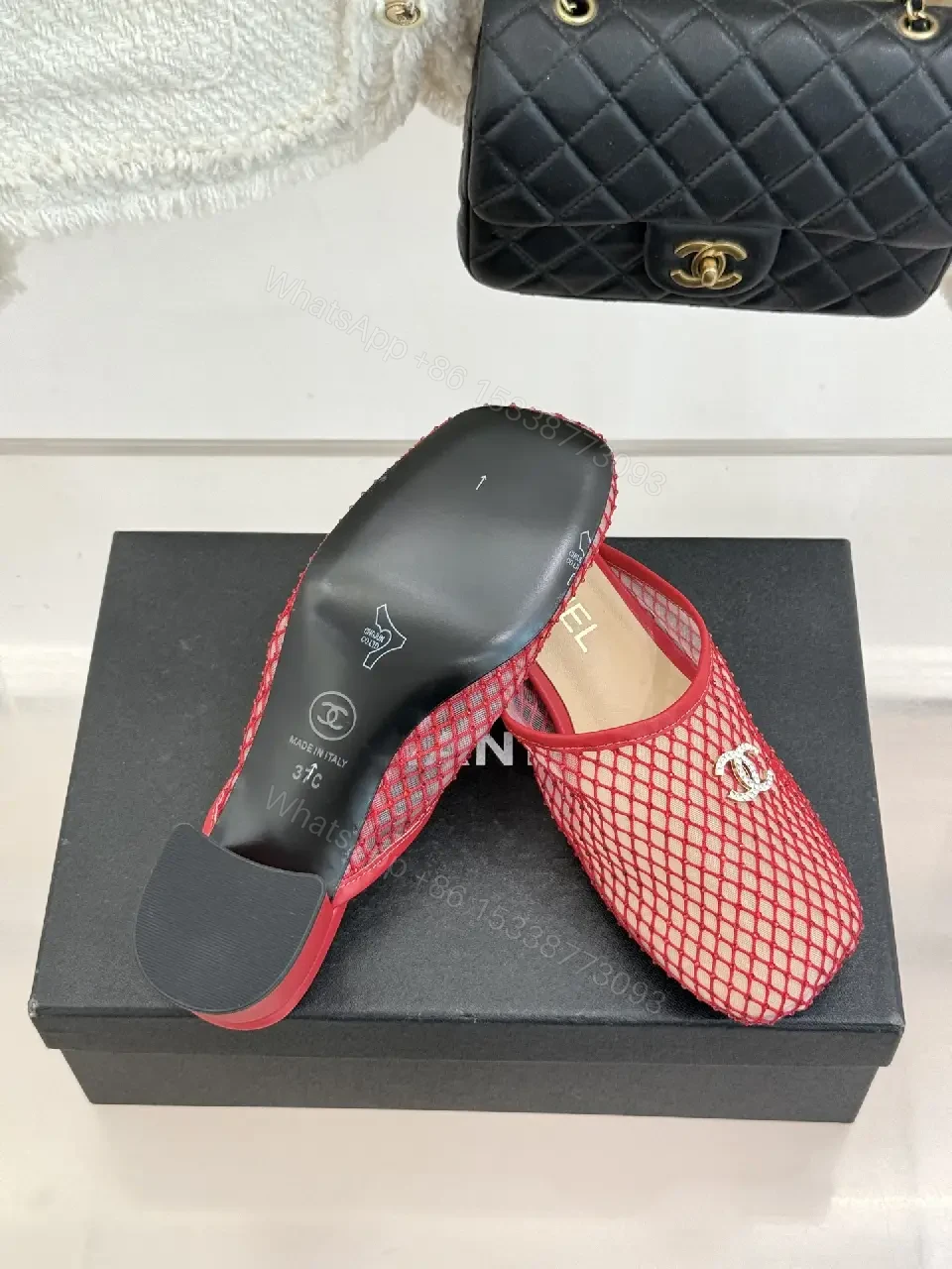 View 4 of Red Mesh Mules Silver CC Logo, Block Heel, Chanel Style Shoes