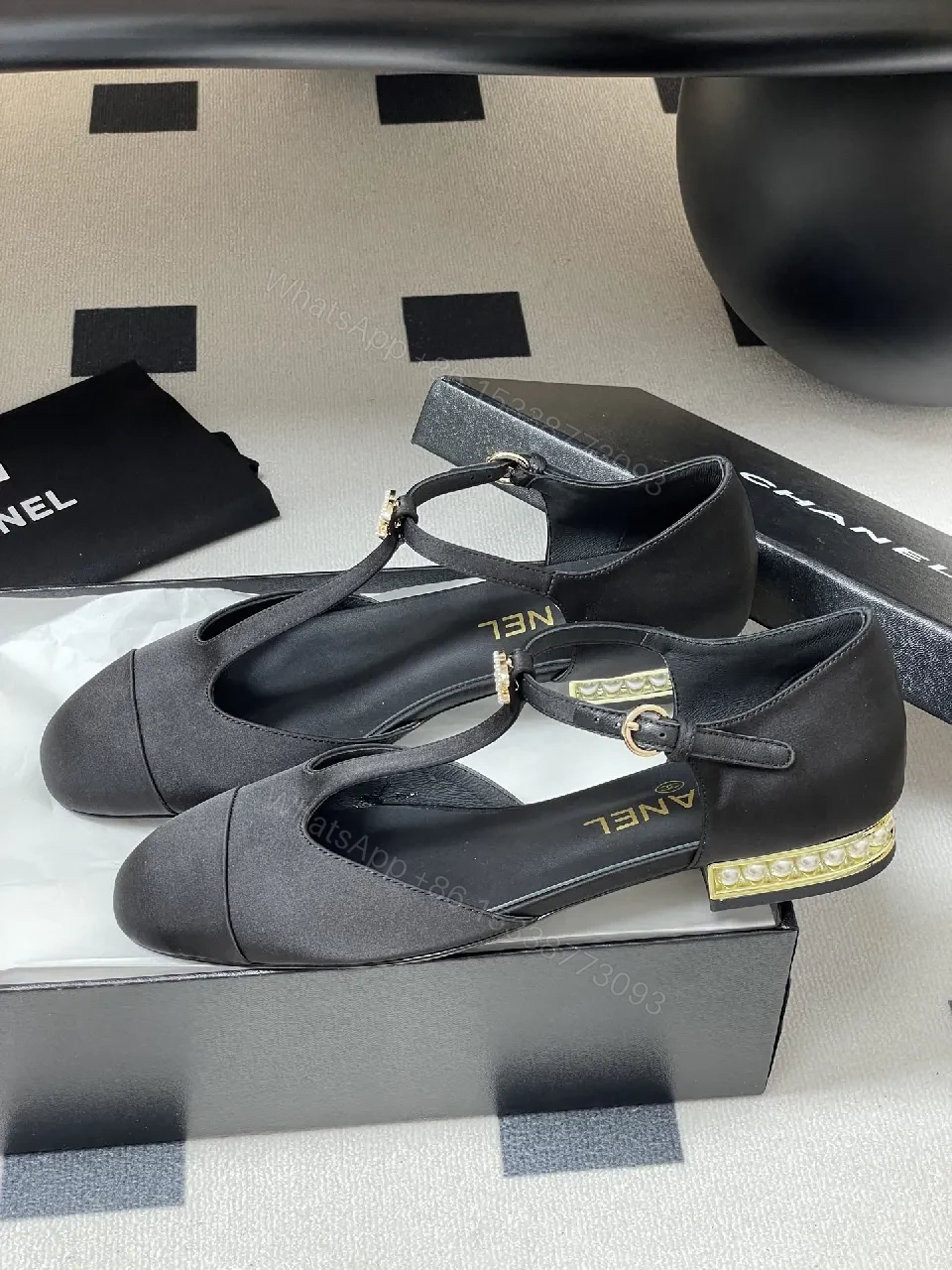 View 8 of Black Satin T-Strap Flats - Luxury-Inspired Comfort, Modern Elegance
