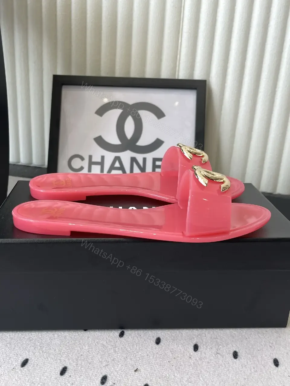 View 9 of Pink Plastic Slide Sandals Gold Logo Chanel Style Luxury Comfort Sandals