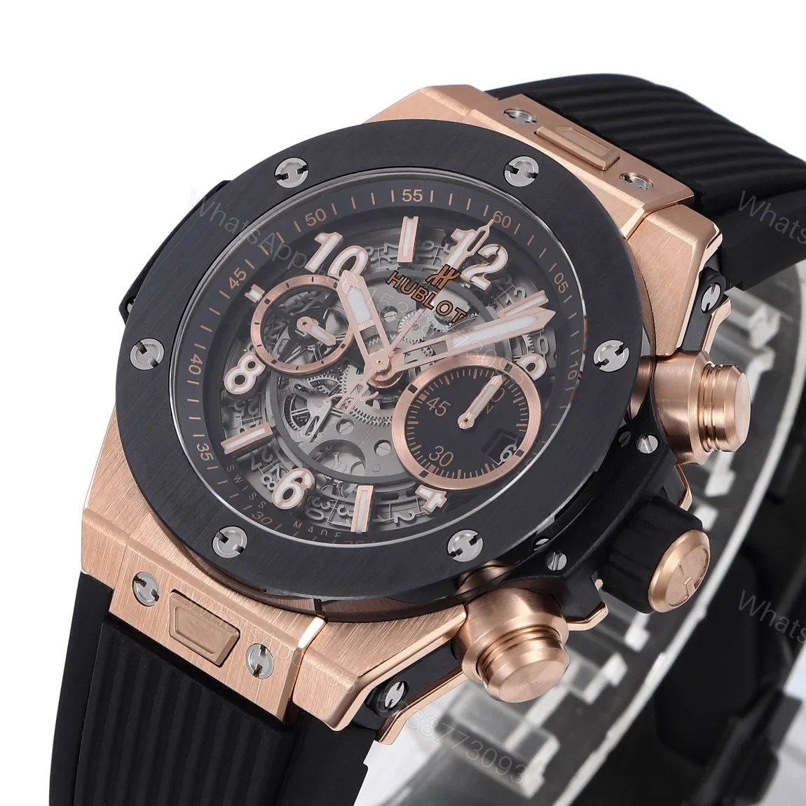 View 5 of Hublot Big Bang Rose Gold Replica 44MM Premium Black Bezel Rubber Strap Edition RG-HUBLOT-BIGBANG-RG-44