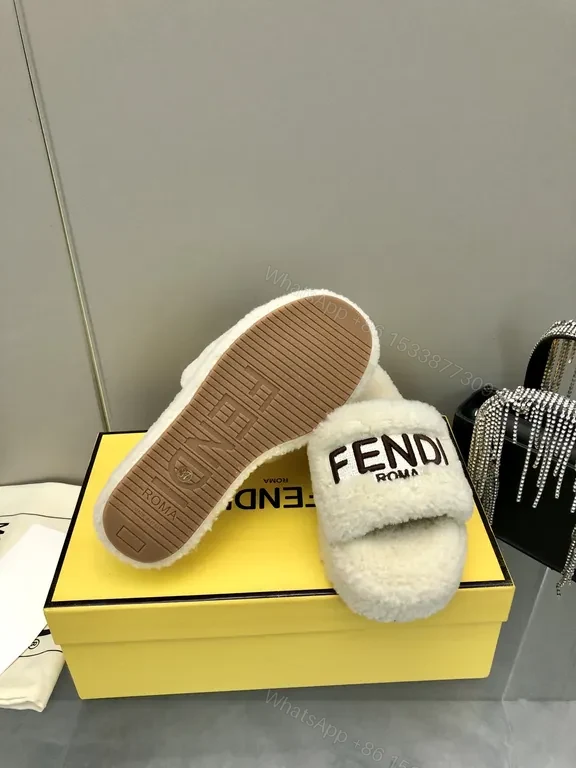 View 5 of Off-White Material: Fendi Shearling Slides - Cozy Luxe Footwear