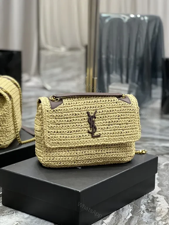 View 7 of Neutral Raffia Chain Bag: YSL-Emblem Luxe Crossbody Bag