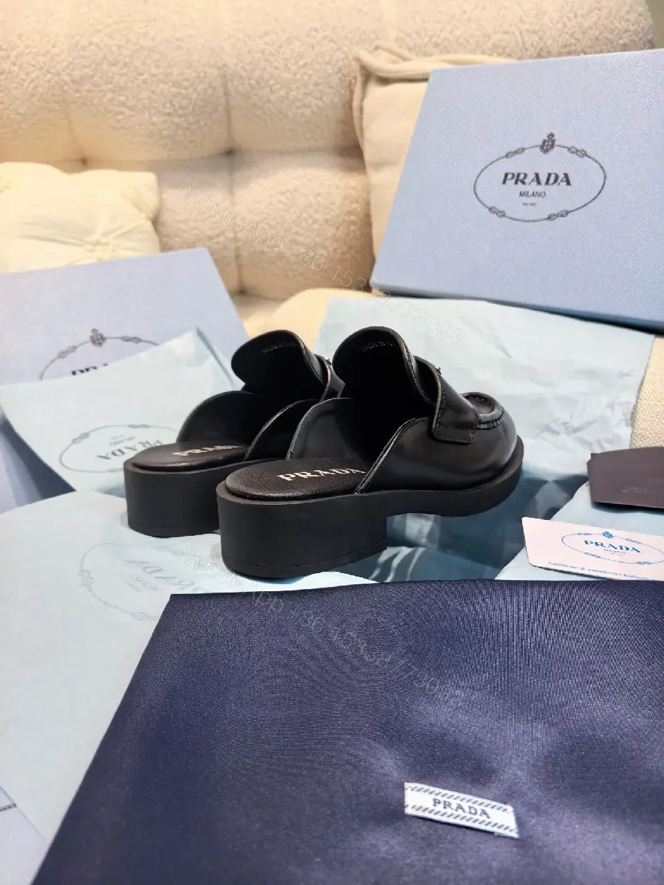 View 5 of Black Leather Prada Mules with Logo Detail Sliders, Women’s Fashion