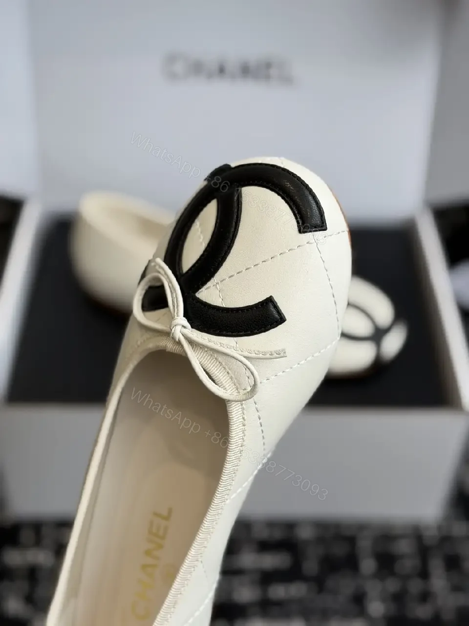 View 7 of Cream Leather Ballet Flats Pearl Bow Chanel Logo