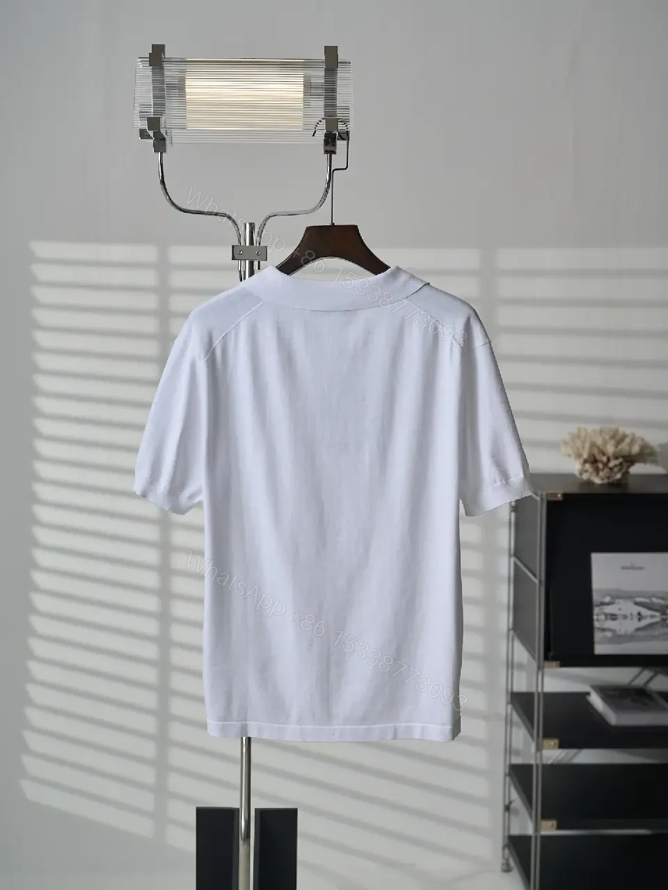 View 3 of White Cotton Polo with Monogram Logo Embroidery