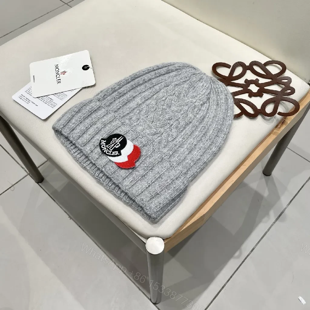 View 8 of Grey Cable Knit Beanie - Moncler-Style Logo Knit Cap