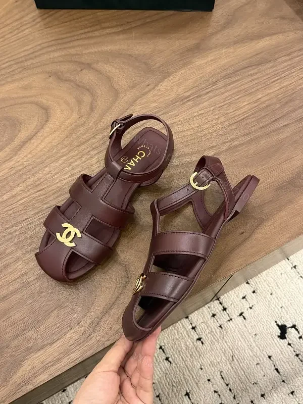 Burgundy Leather Gladiator Sandals Gold Logo Chanel Style Sandals — view 1