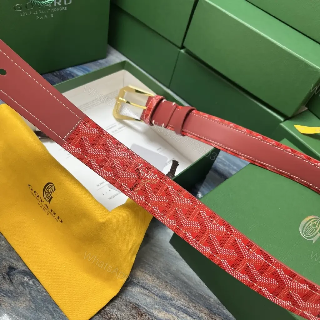 View 4 of Chic Red Leather Belt in Gold with Signature Pattern (60)