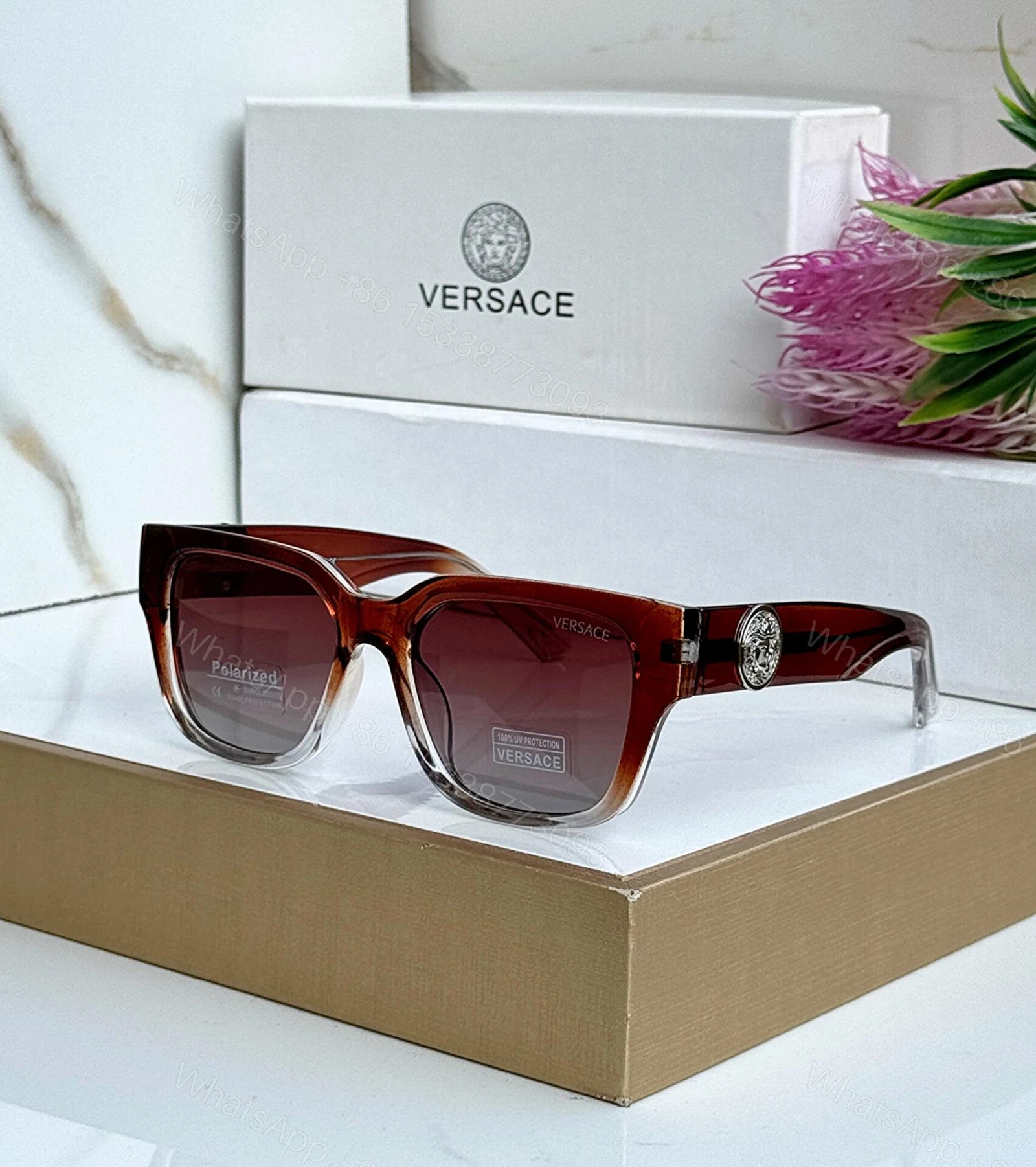 View 3 of Versace Square Polarized Black Transparent Sunglasses