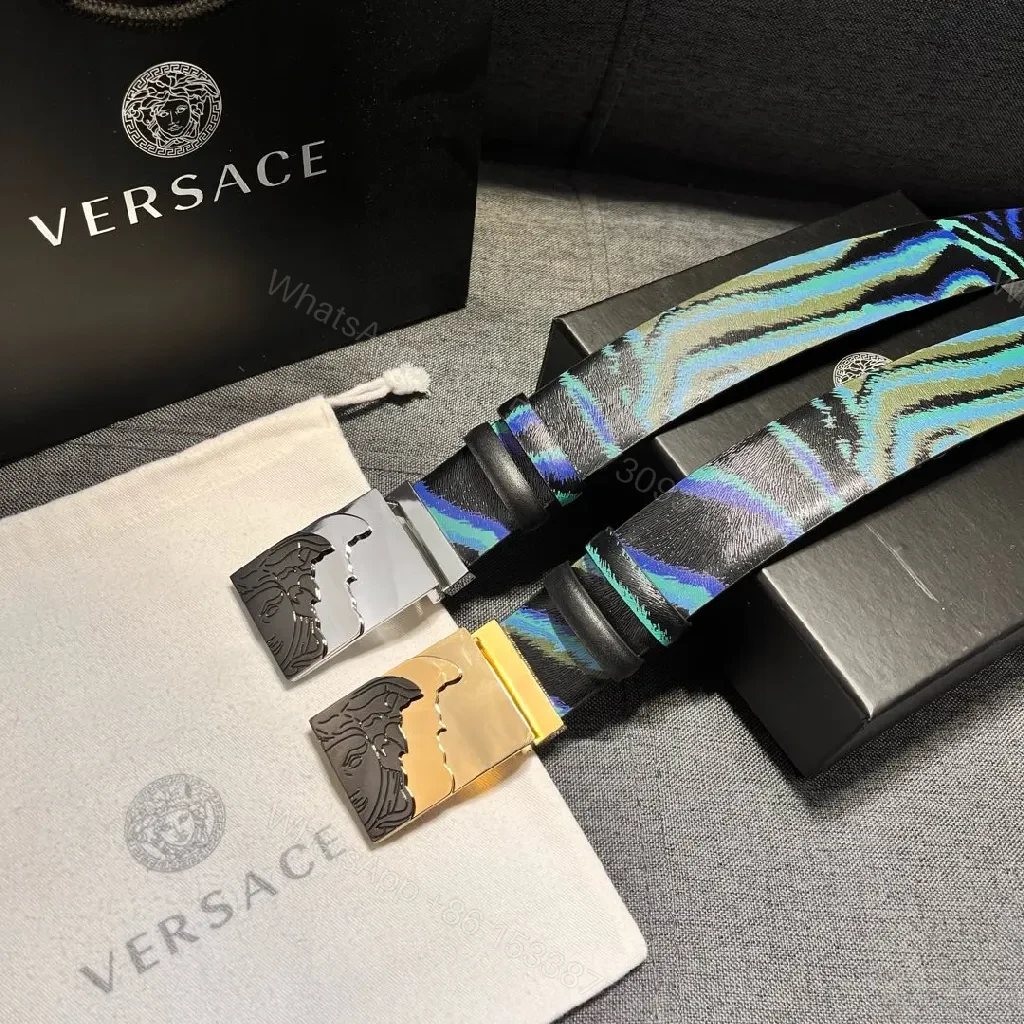 View 4 of Teal-Sapphire Striped Leather Belt with Brushed Buckle