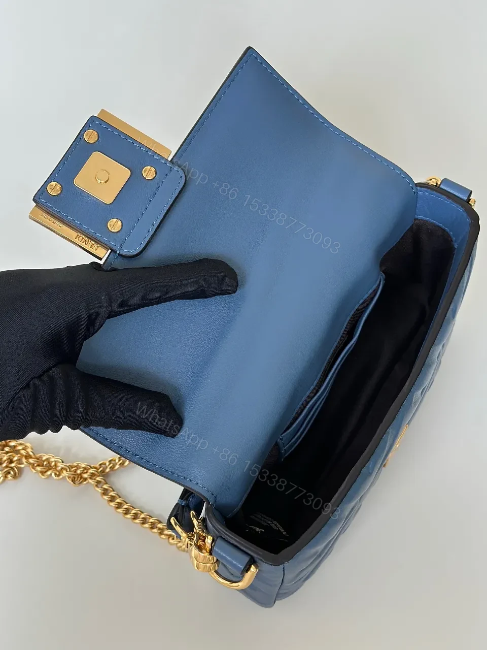 View 3 of Blue Leather Crossbody with Monogram Texture, Luxury Style