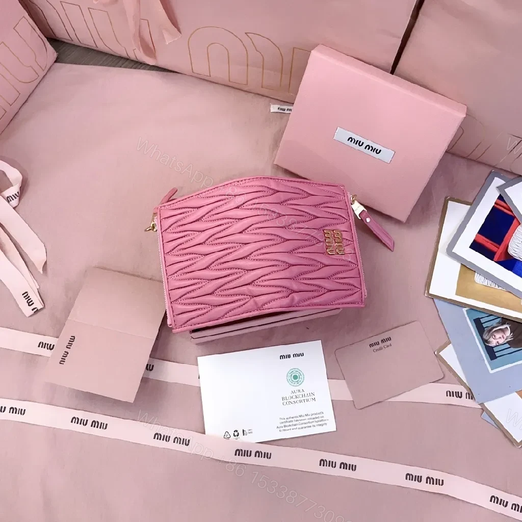 View 7 of Quilted Pink Wallet with Gold Logo – Luxe Bi-fold Wallet