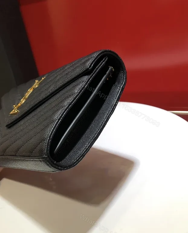 View 9 of Black Leather Chevron Clutch with Gold YSL Emblem - Luxury Evening Bag
