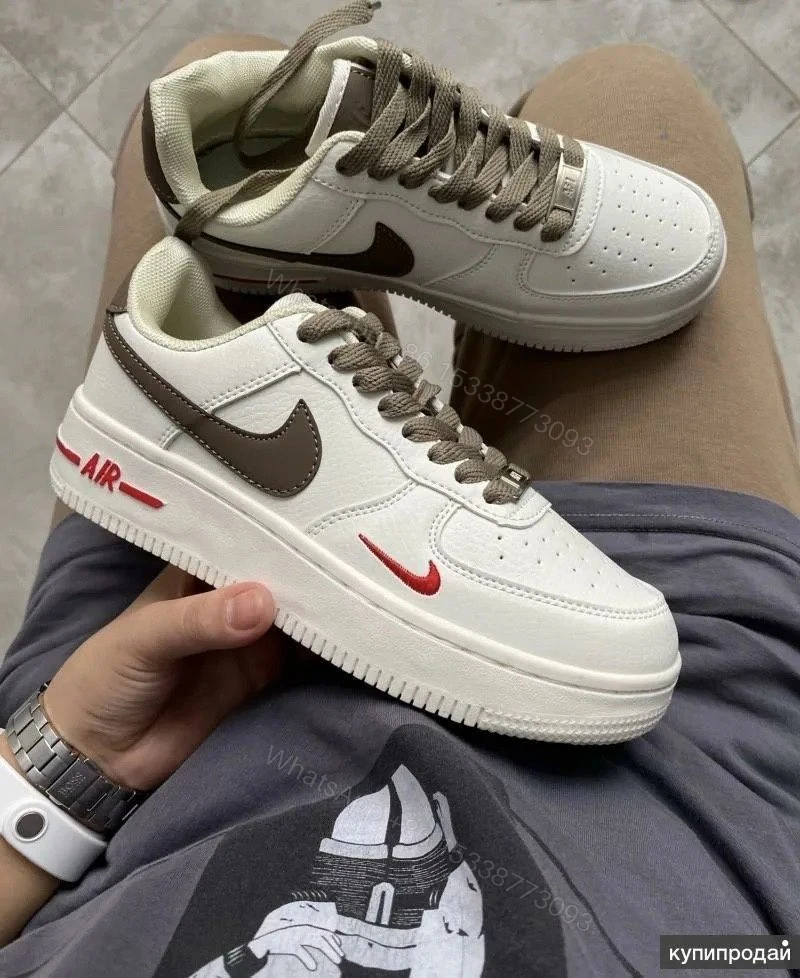 View 3 of First Copy Nike Air Force 1 White Sneakers with Brown Swoosh