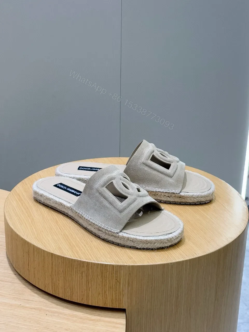 View 3 of Beige Suede-Texture Sandals + Logo Cut-Outs + Luxury Casual + Cushioned Footbed + Sandals