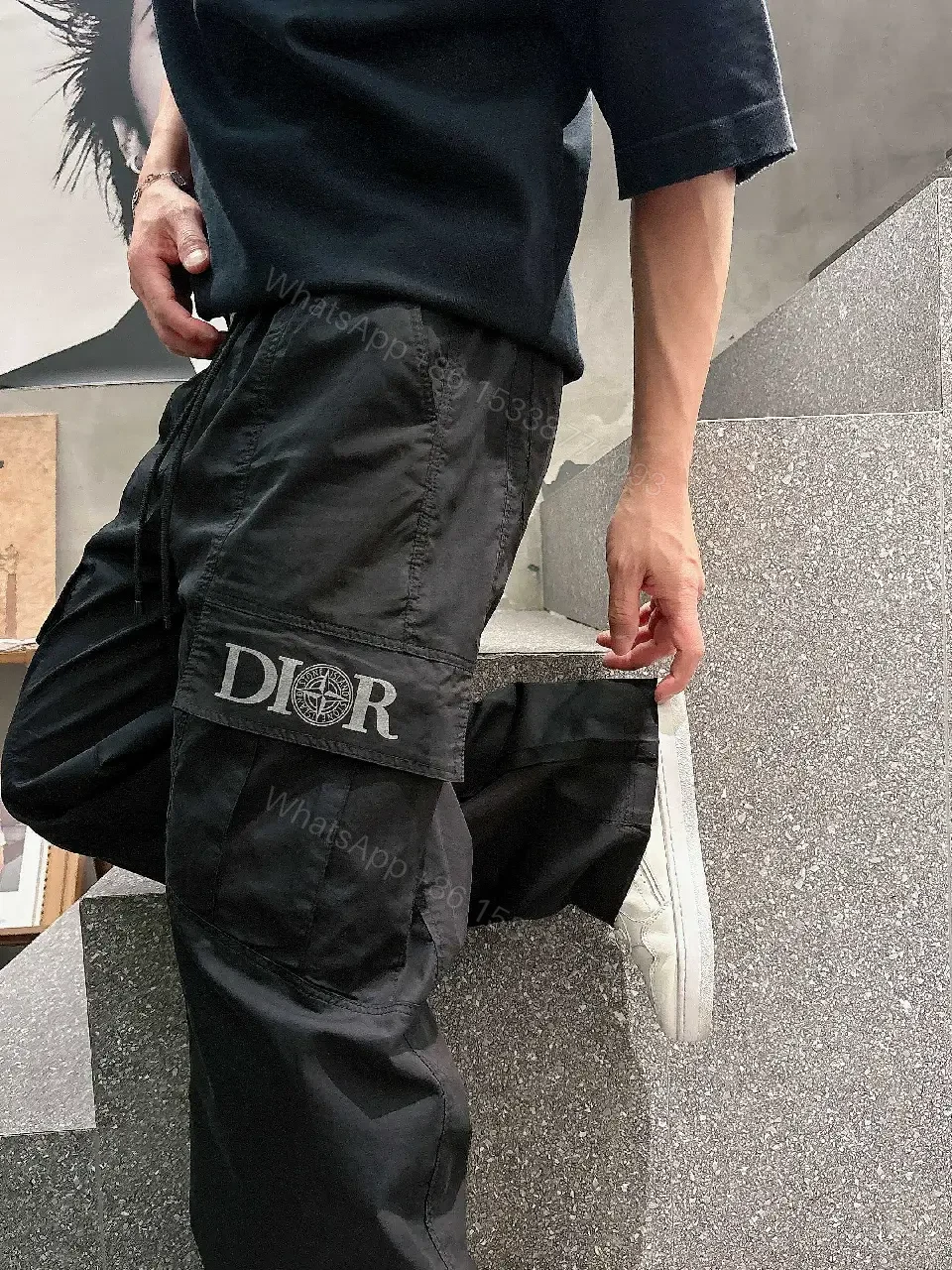 View 11 of Black Cargo Pants - Tactical, Smooth Fabric, Dior Logo Pocket, Relaxed Fit