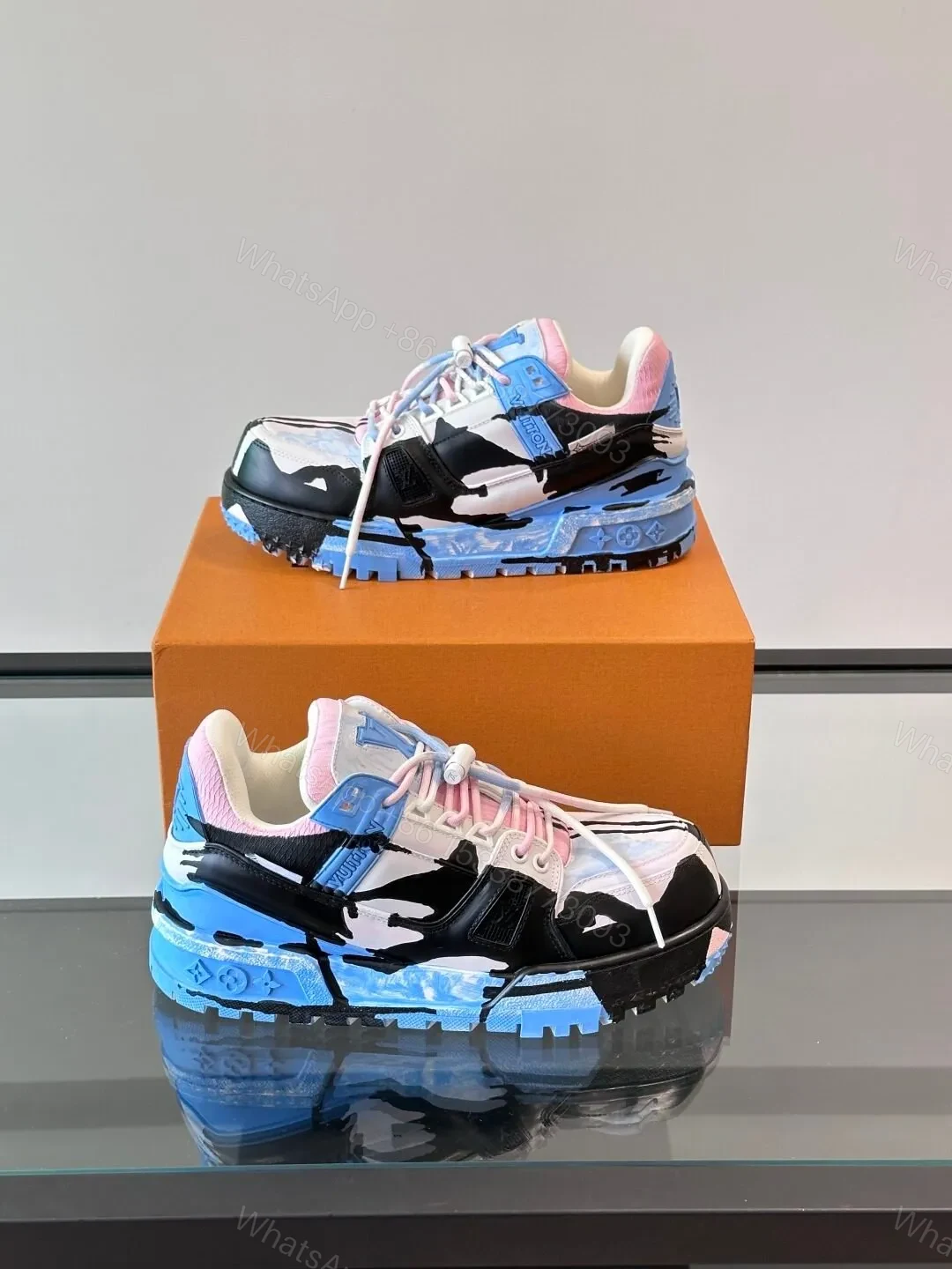 View 4 of LV Men Blue Pink Black Leather Sneakers