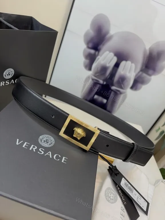 Versace Black Leather Belt with Gold Medusa Buckle — view 1