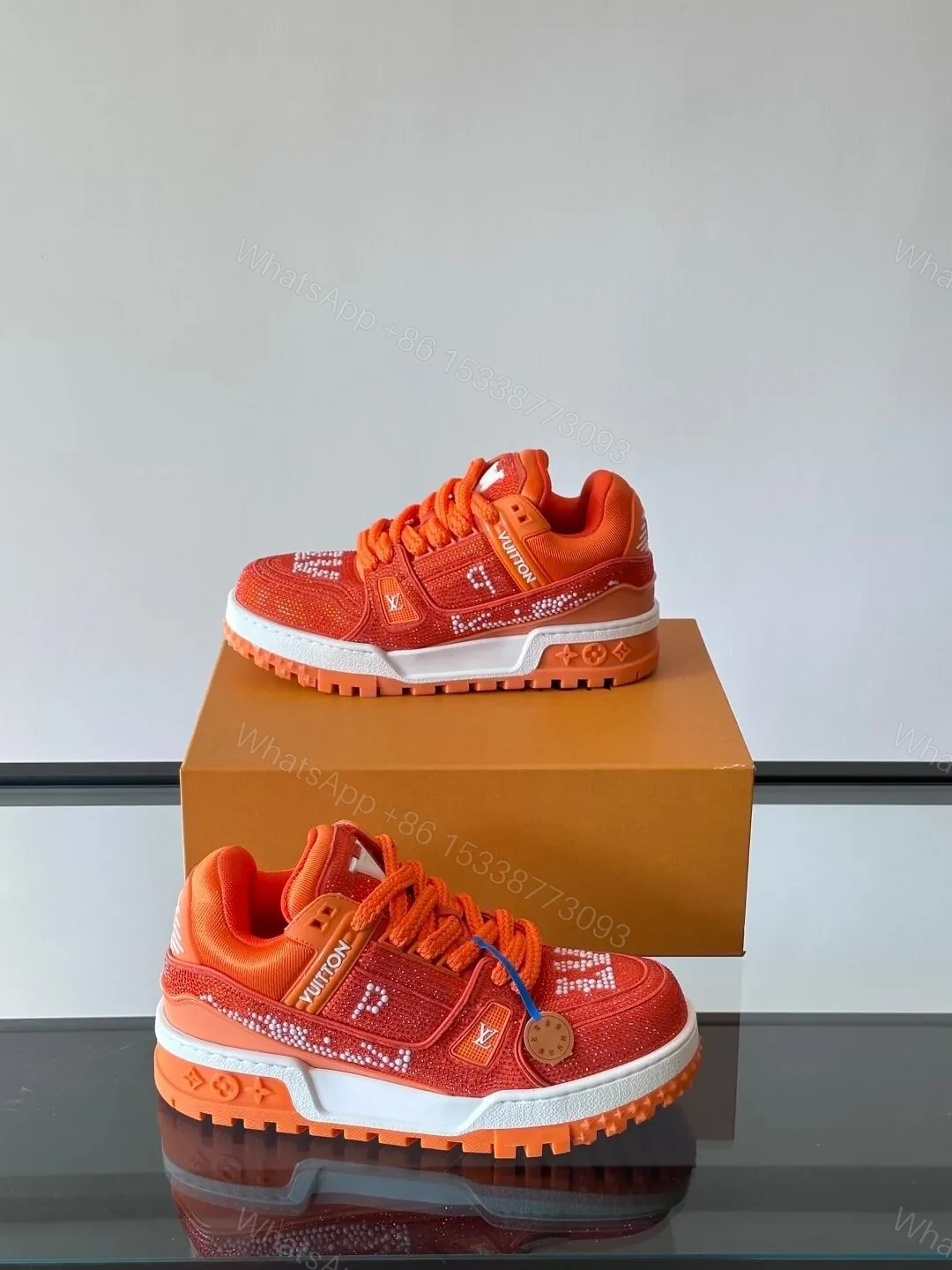 View 4 of LV Men Orange Suede And Mesh Sneakers