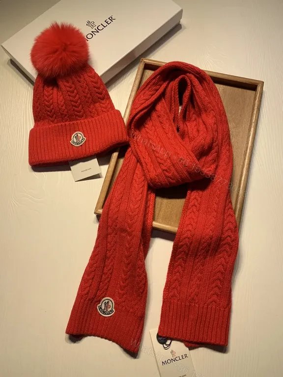 View 6 of Bold Red Cable Knit Beanie + Scarf Set by Moncler, Unisex Premium Knit