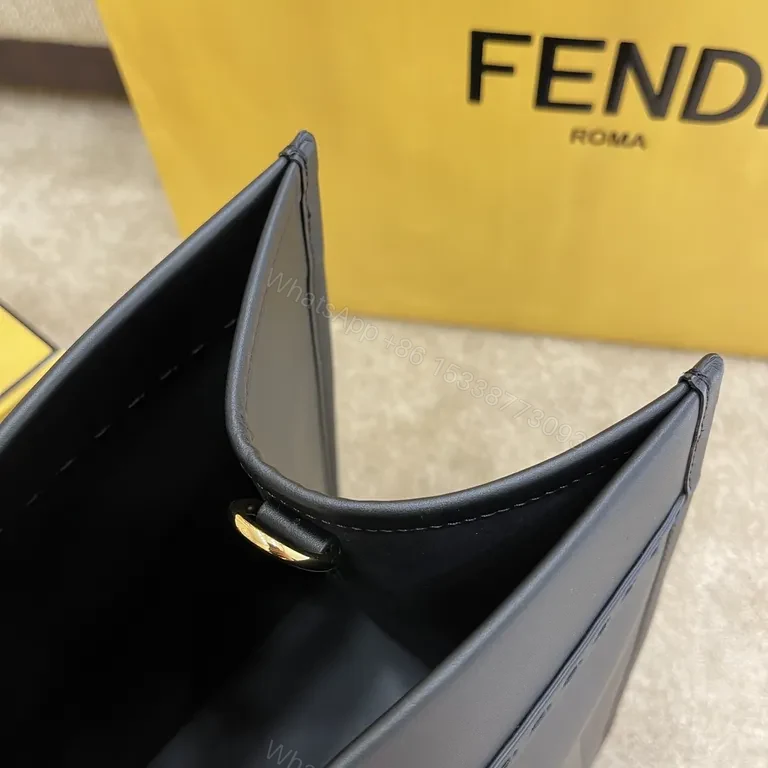 View 7 of Fendi Roma Tote: Structured Black Leather, Gold Hardware, Embossed Logo