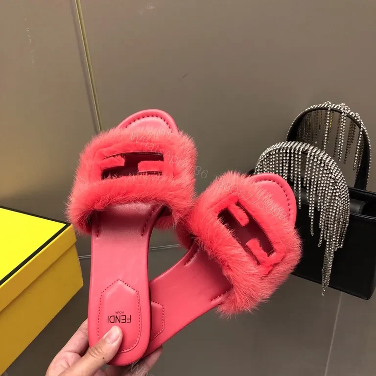 View 7 of Vibrant Pink Fur-Trim Slides: Luxe Comfort, Bold Designer Style