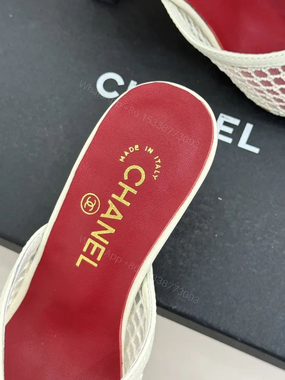 View 10 of White Mesh Heels Red Insole Classic Netted Upper Mule Sandals