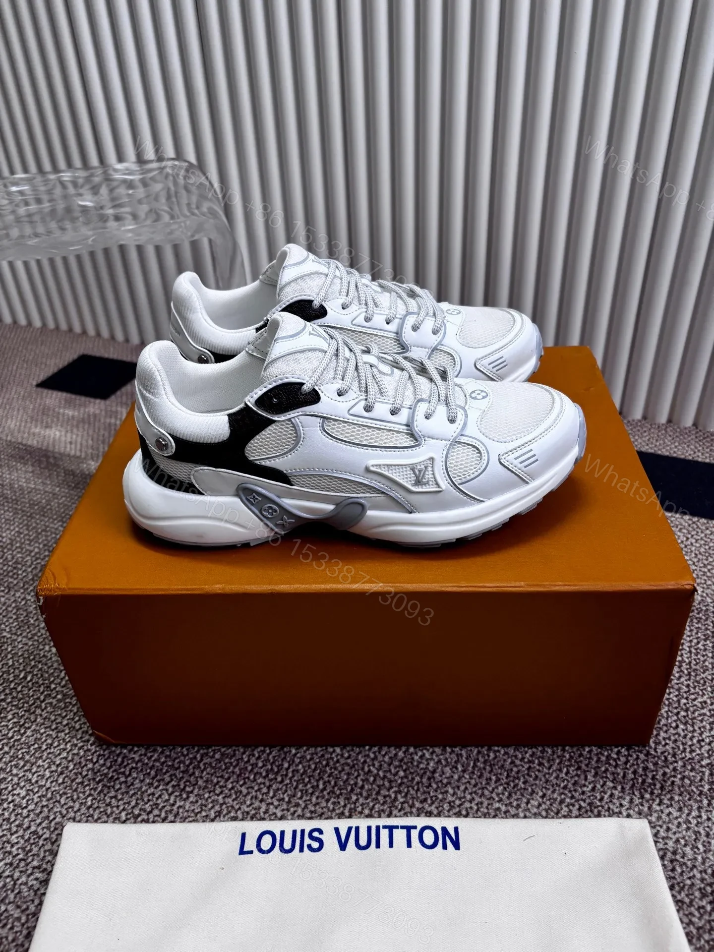 View 4 of LV Women White Mesh Leather Sneakers