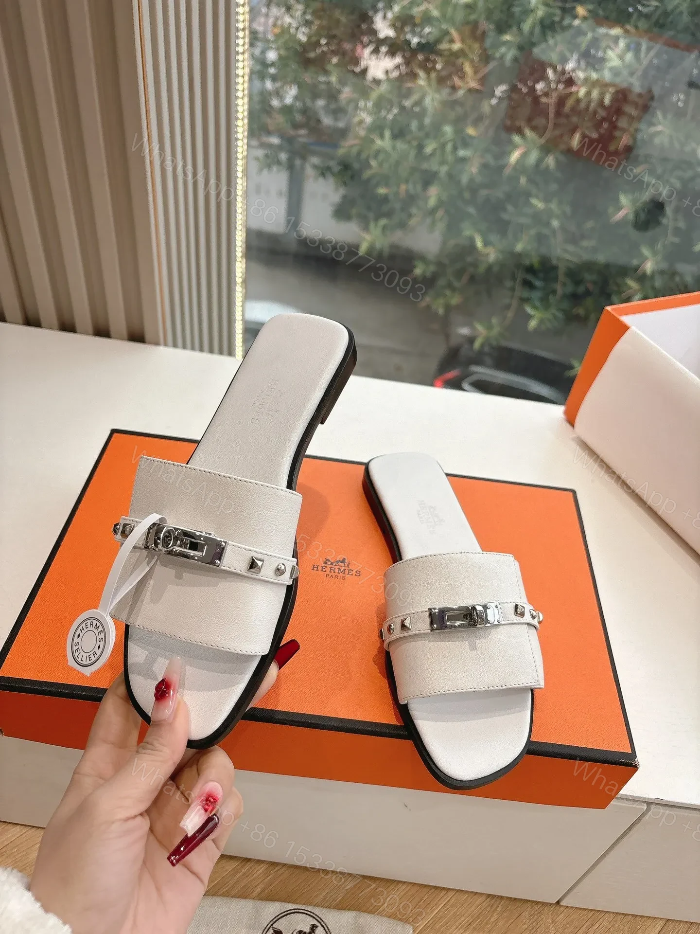 View 6 of Hermes Women White Leather Slide Sandals