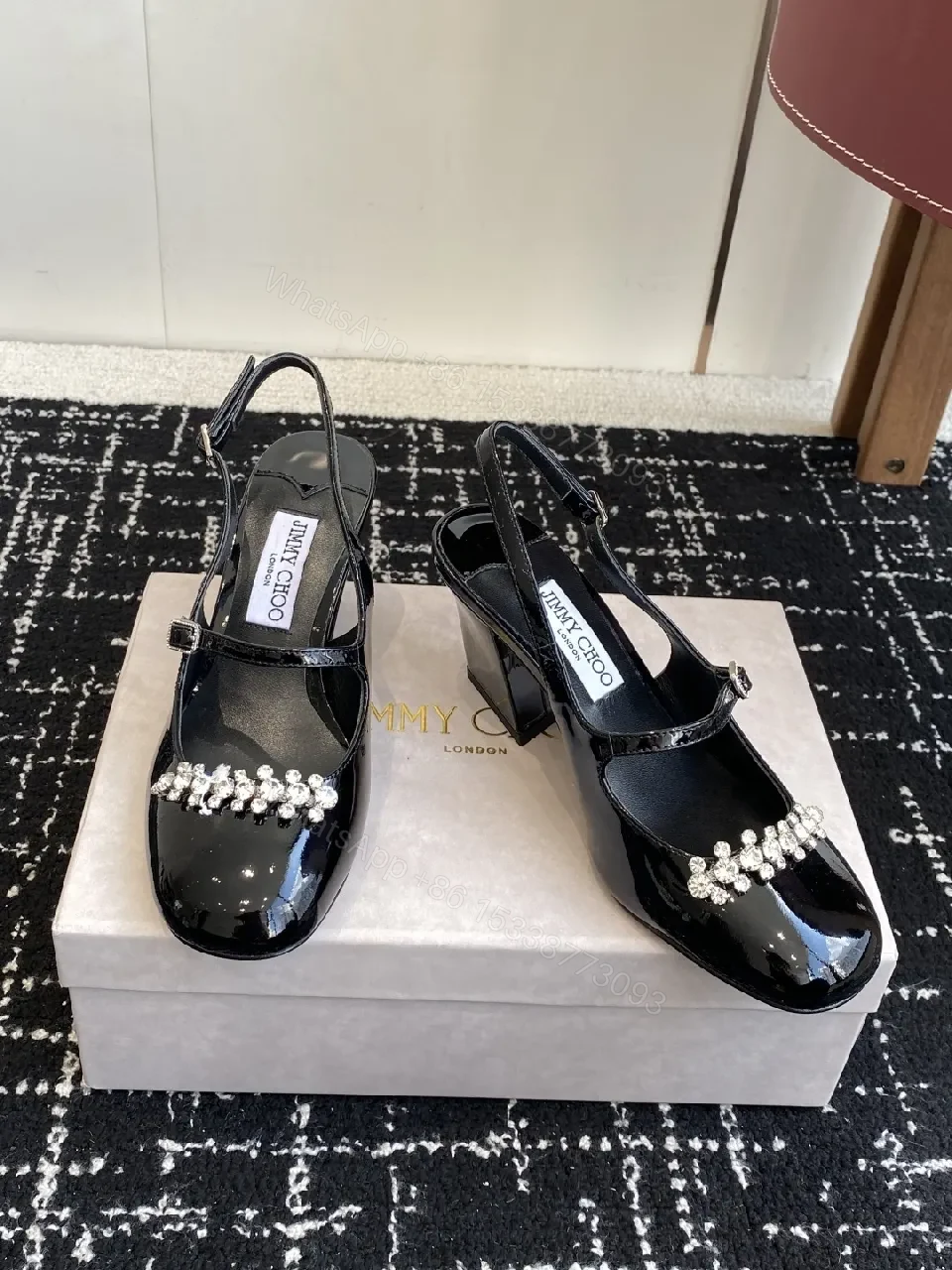 Crystal-Embellished Black Patent Slingbacks with Adjustable Strap — view 1