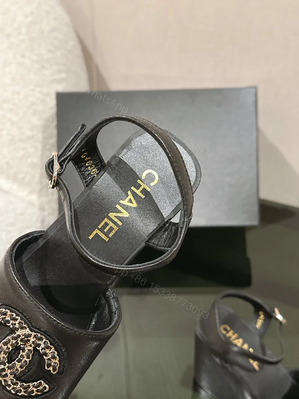 View 7 of Black Leather Block Heel Sandals with Logo Charm, Open Toe, Ankle Strap