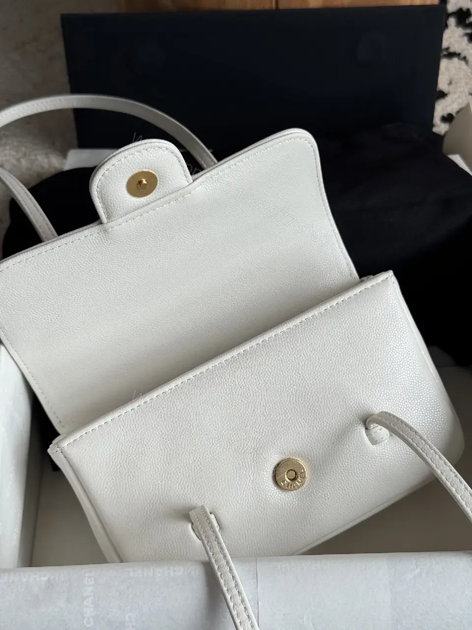 View 7 of White Pebbled Leather Crossbody Bag - Compact Structured Flap with CC Clasp