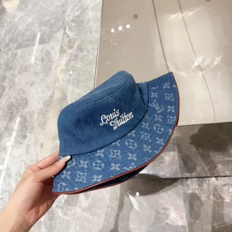 View 8 of Denim Bucket Hat with LV Monogram Accents - Modern Texture
