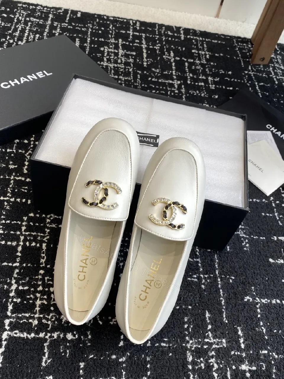 View 3 of White Leather Loafers with Signature Hardware, Luxury Comfort