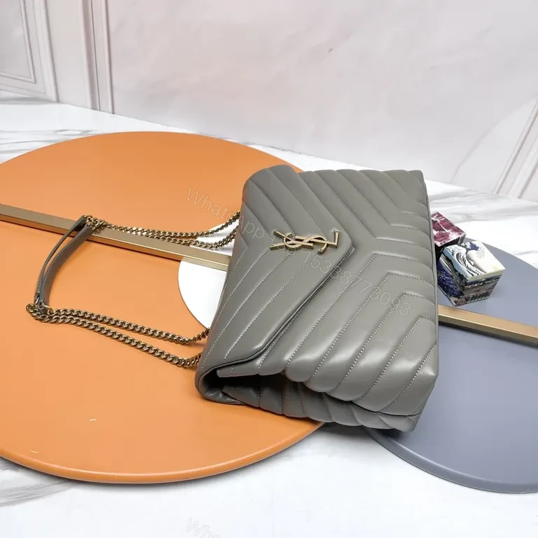 View 9 of Chic Quilted Gray Leather Flap Bag with YSL Gold Monogram