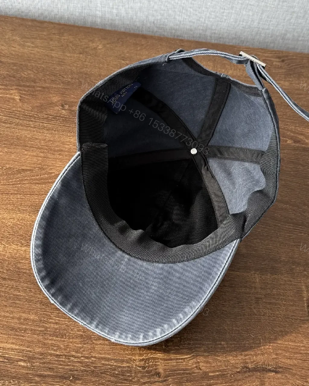 View 3 of Denim Luxe Cap with Embroidered Monogram Emblem