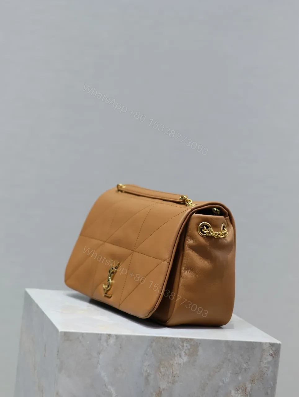 View 7 of Quilted Leather Camel Shoulder Bag with Gold Hardware