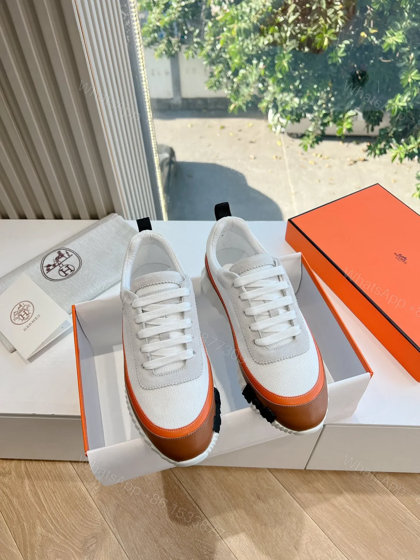 View 3 of Hermes Women White Brown Leather Mesh Sneakers